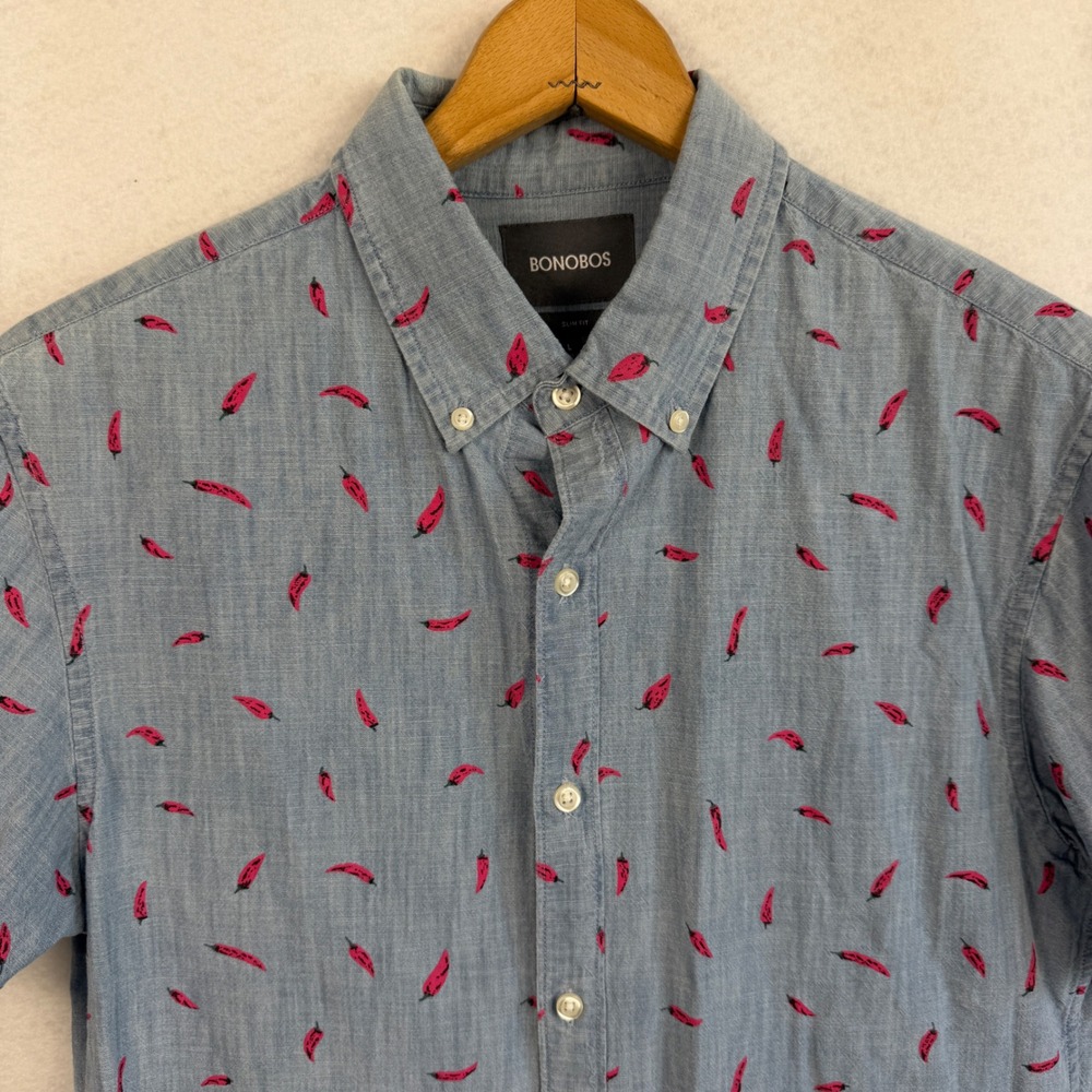 Bonobos Mens Large Slim Fit Short Sleeve Chili Pepper Button Down Shirt Blue - Picture 3 of 9